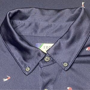 Izod Golf Polo Men Large Navy Blue Short Sleeve Golfer Flag Design Print